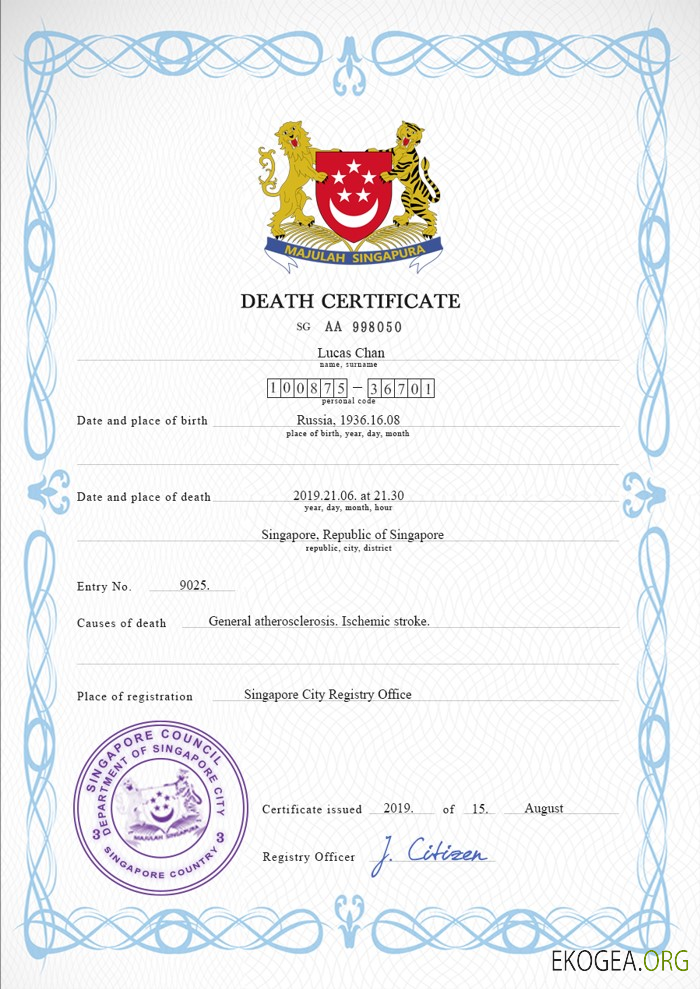 Modèle PSD de certificat de décès de Singapour